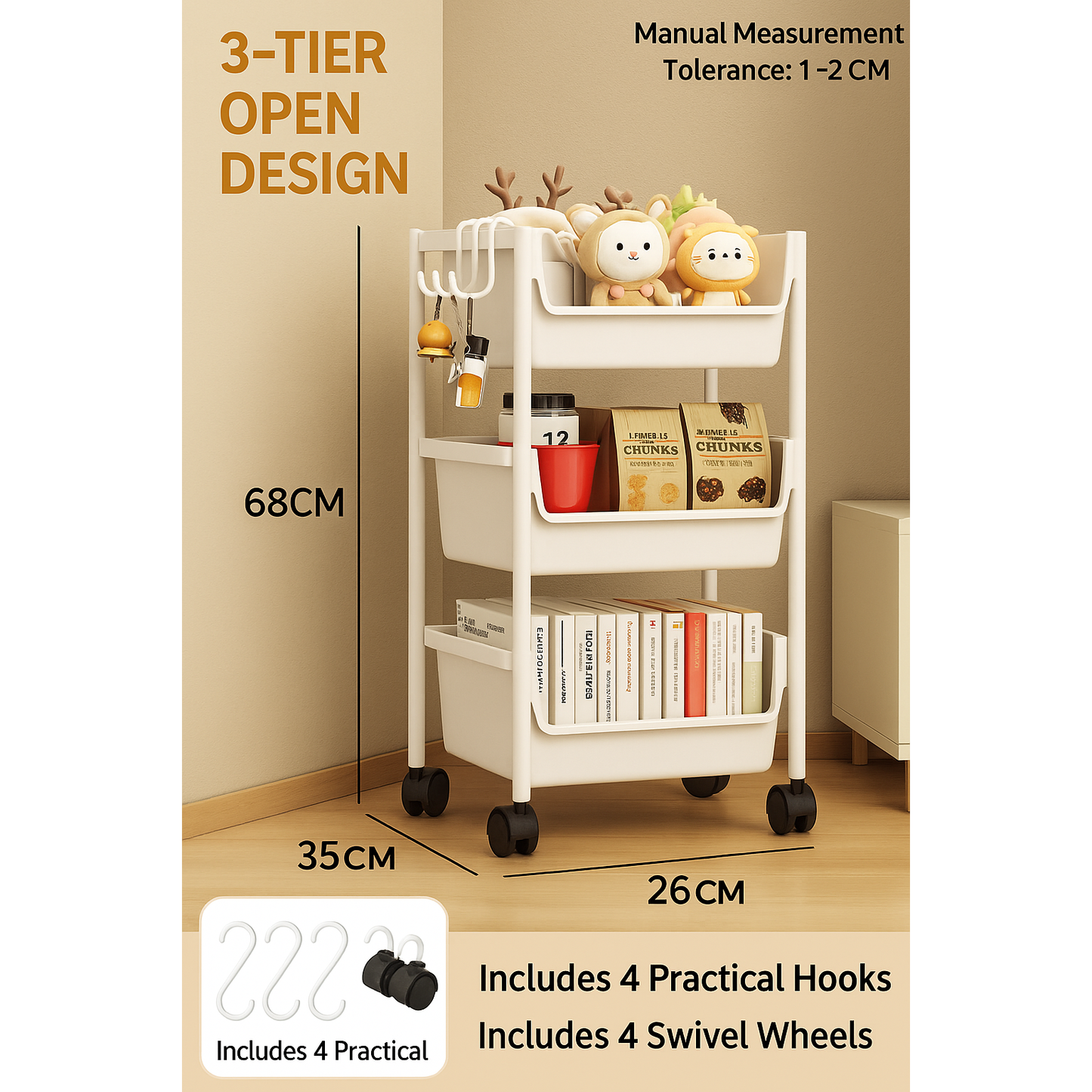 Rolling Utility Cart with Wheels – Multi-Tier Storage Shelf for Living Room, Kitchen & Home