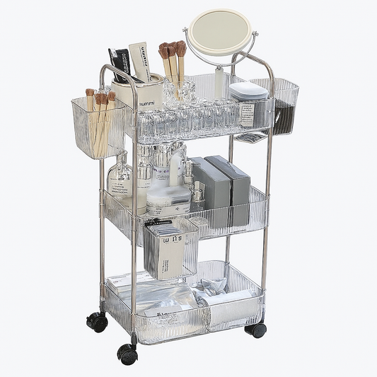 Acrylic Rolling Cart – 3-Tier Clear Storage Trolley for Makeup, Snacks & Home Use
